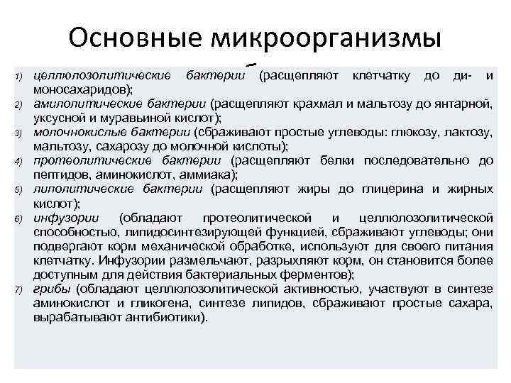 1) 2) 3) 4) 5) 6) 7) Основные микроорганизмы целлюлозолитические бактерии (расщепляют клетчатку до
