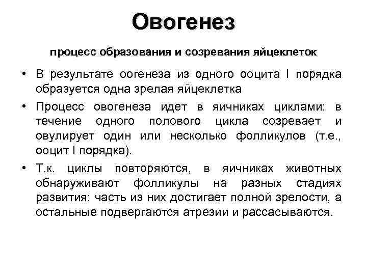 Овогенез процесс образования и созревания яйцеклеток • В результате оогенеза из одного ооцита I