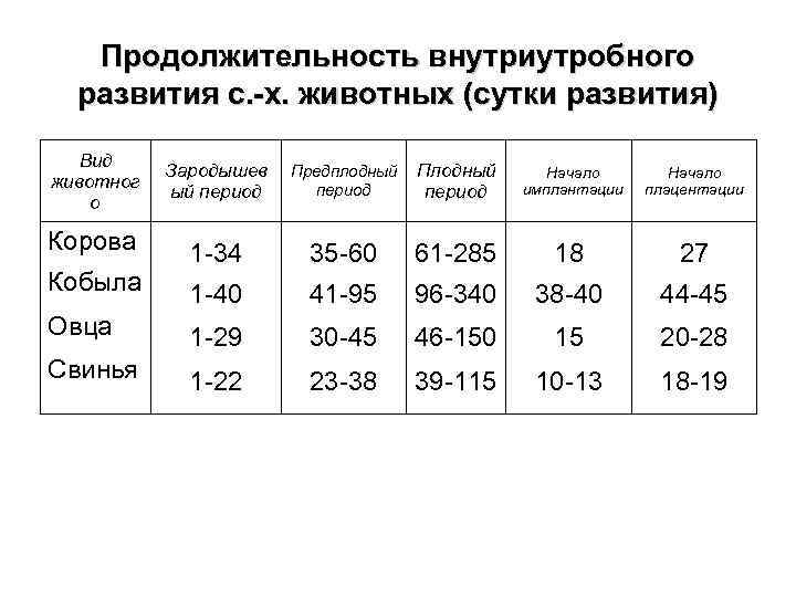 Продолжительность внутриутробного развития с. -х. животных (сутки развития) Вид животног о Зародышев ый период