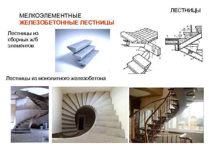 МЕЛКОЭЛЕМЕНТНЫЕ ЖЕЛЕЗОБЕТОННЫЕ ЛЕСТНИЦЫ Лестницы из сборных ж/б элементов Лестницы из монолитного железобетона ЛЕСТНИЦЫ 