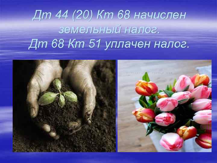 Дт 44 (20) Кт 68 начислен земельный налог. Дт 68 Кт 51 уплачен налог.