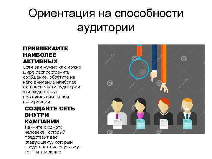 Ориентация на способности аудитории ПРИВЛЕКАЙТЕ НАИБОЛЕЕ АКТИВНЫХ Если вам нужно как можно шире распространить