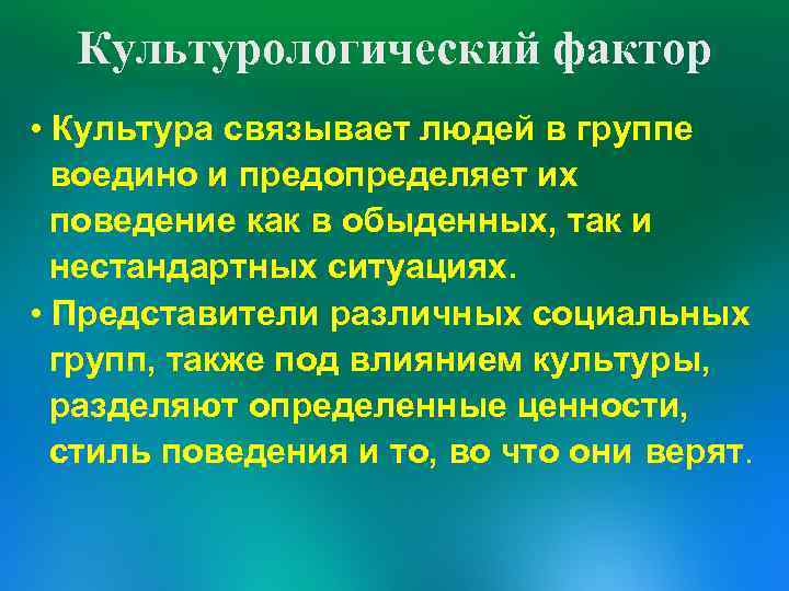 Культурологический фактор • Культура связывает людей в группе воедино и предопределяет их поведение как