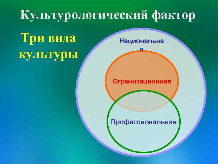 Культурологический фактор Три вида культуры Национальна я Огранизационная Профессиональная 