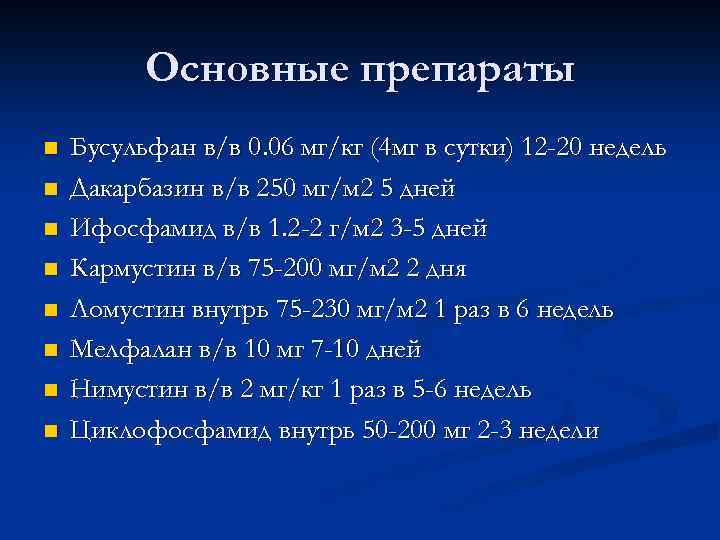 Основные препараты n n n n Бусульфан в/в 0. 06 мг/кг (4 мг в
