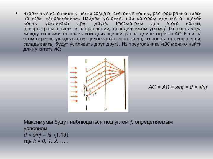  • Вторичные источники в щелях создают световые волны, распространяющиеся по всем направлениям. Найдем