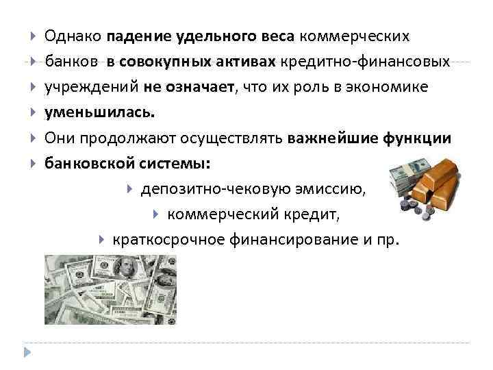  Однако падение удельного веса коммерческих банков в совокупных активах кредитно-финансовых учреждений не означает,