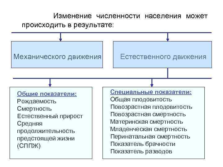  Изменение численности населения может происходить в результате: Механического движения Естественного движения Общие показатели: