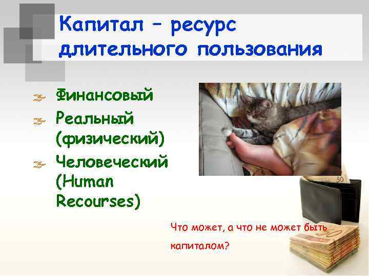 Капитал – ресурс длительного пользования ß Финансовый ß Реальный (физический) ß Человеческий (Human Recourses)