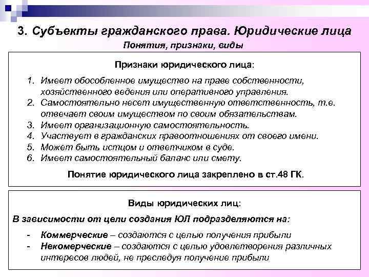 3. Субъекты гражданского права. Юридические лица Понятия, признаки, виды Признаки юридического лица: 1. Имеет