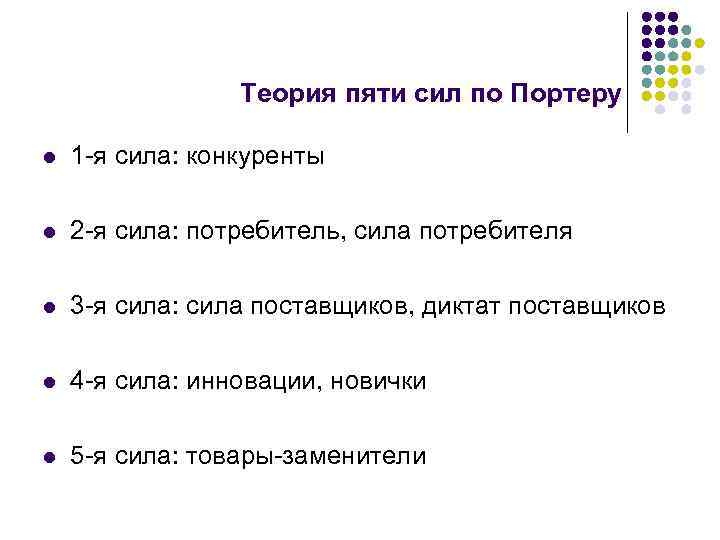 Теория пяти сил по Портеру l 1 я сила: конкуренты l 2 я сила: