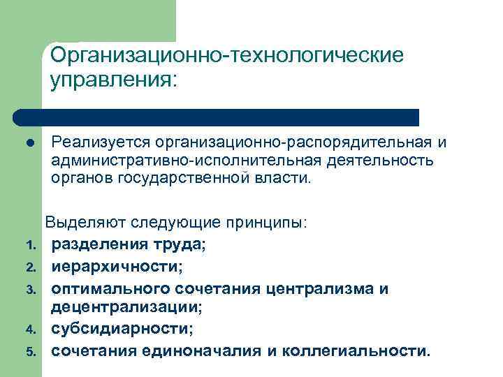 Организационно-технологические управления: l Реализуется организационно-распорядительная и административно-исполнительная деятельность органов государственной власти. Выделяют следующие принципы: