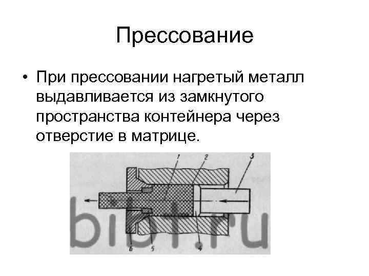 Прессование • При прессовании нагретый металл выдавливается из замкнутого пространства контейнера через отверстие в
