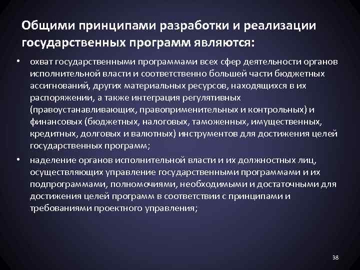 Общими принципами разработки и реализации государственных программ являются: • охват государственными программами всех сфер