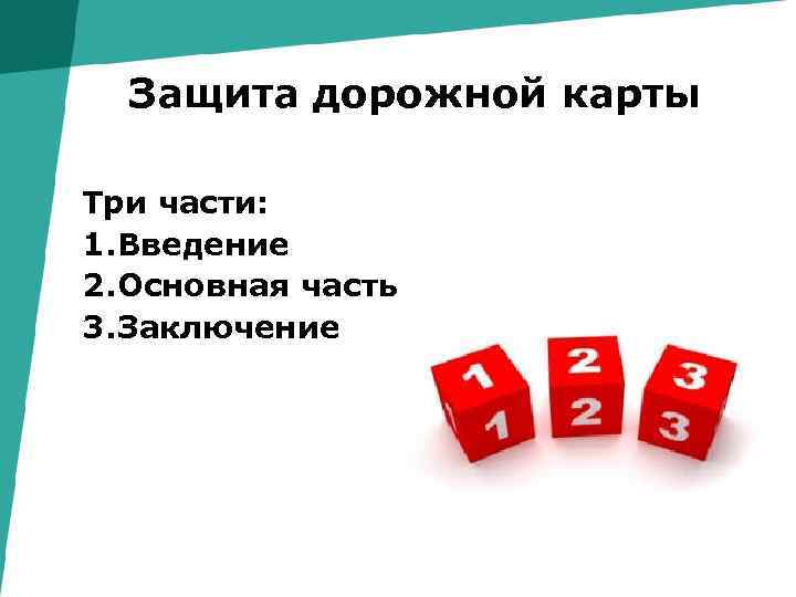 Защита дорожной карты Три части: 1. Введение 2. Основная часть 3. Заключение 