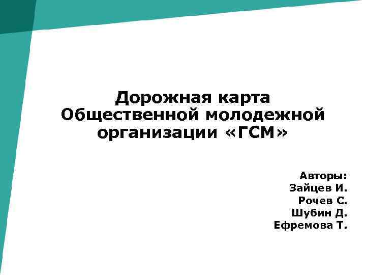 Дорожная карта Общественной молодежной организации «ГСМ» Авторы: Зайцев И. Рочев С. Шубин Д. Ефремова