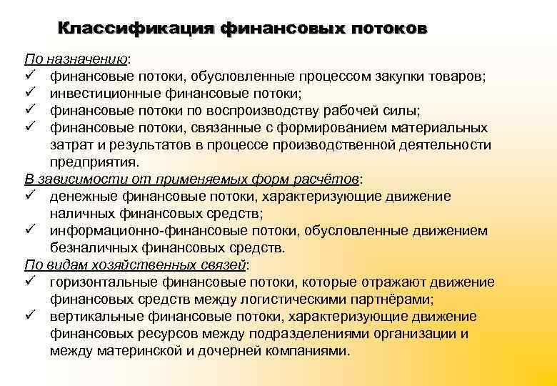 Классификация финансовых потоков По назначению: ü финансовые потоки, обусловленные процессом закупки товаров; ü инвестиционные