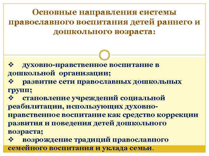 Основные направления системы православного воспитания детей раннего и дошкольного возраста: v духовно-нравственное воспитание в