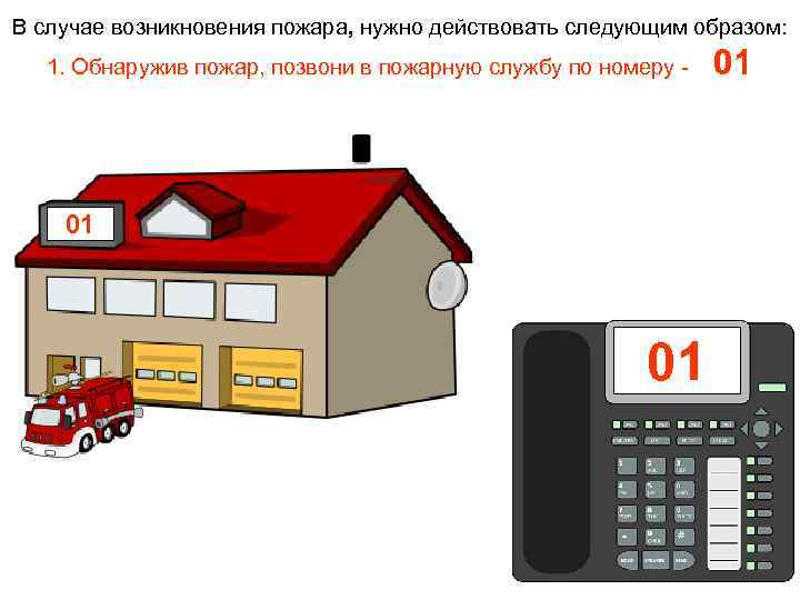 В случае возникновения пожара, нужно действовать следующим образом: 1. Обнаружив пожар, позвони в пожарную