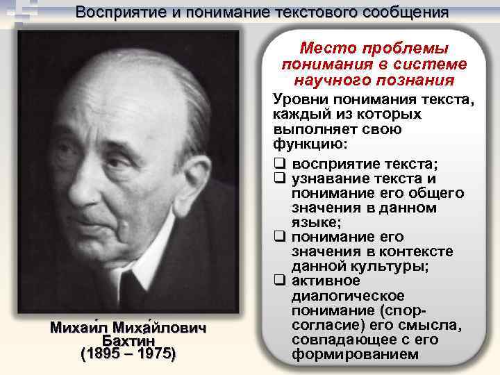 Восприятие и понимание текстового сообщения Место проблемы понимания в системе научного познания Михаи л