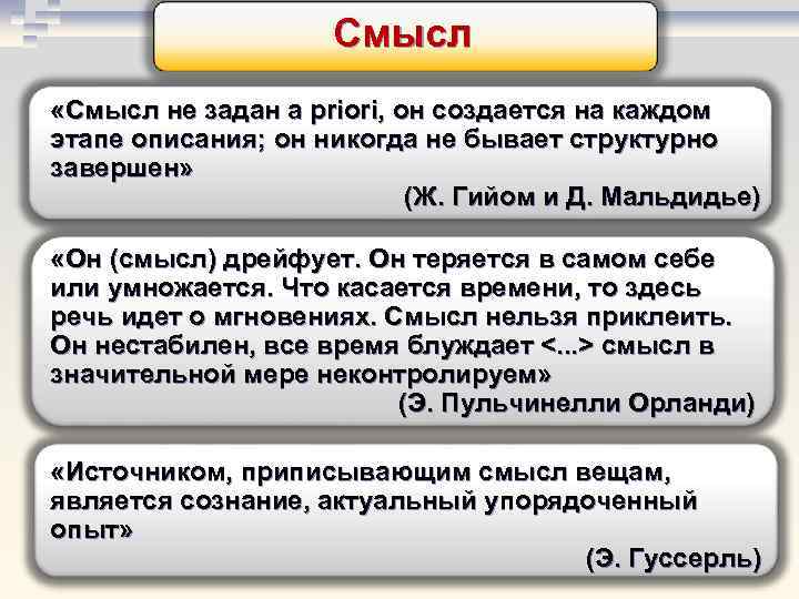 Смысл «Смысл не задан a priori, он создается на каждом этапе описания; он никогда