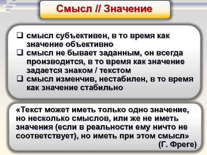Смысл // Значение q смысл субъективен, в то время как значение объективно q смысл