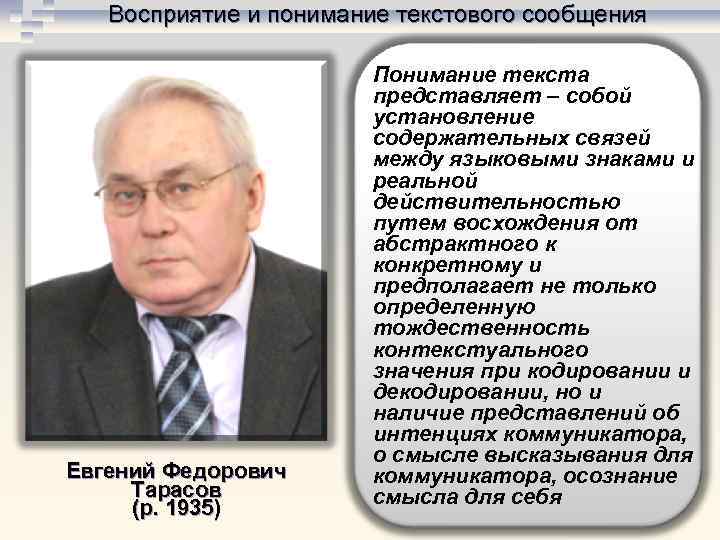 Восприятие и понимание текстового сообщения Евгений Федорович Тарасов (р. 1935) Понимание текста представляет –
