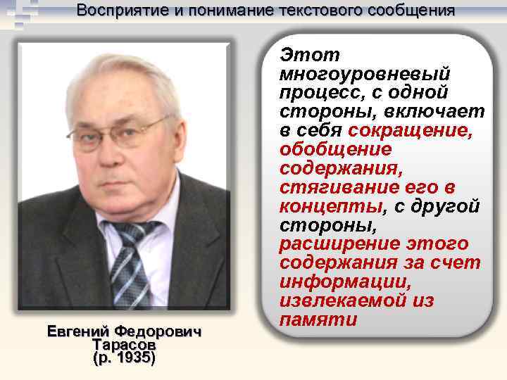 Восприятие и понимание текстового сообщения Евгений Федорович Тарасов (р. 1935) Этот многоуровневый процесс, с