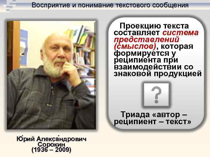 Восприятие и понимание текстового сообщения Проекцию текста составляет система представлений (смыслов), которая формируется у