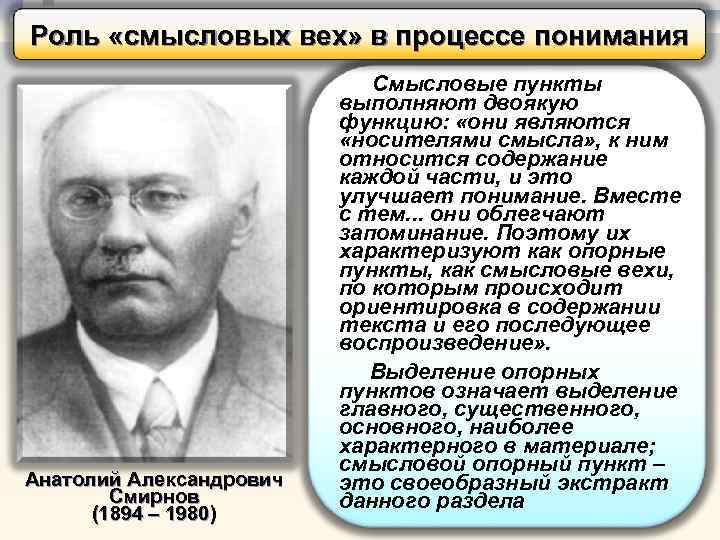 Роль «смысловых вех» в процессе понимания Смысловые пункты Анатолий Александрович Смирнов (1894 – 1980)