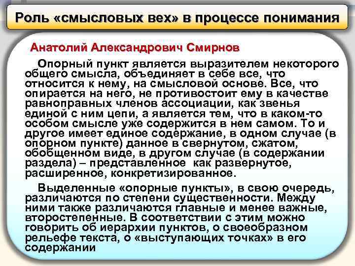 Роль «смысловых вех» в процессе понимания Анатолий Александрович Смирнов Опорный пункт является выразителем некоторого