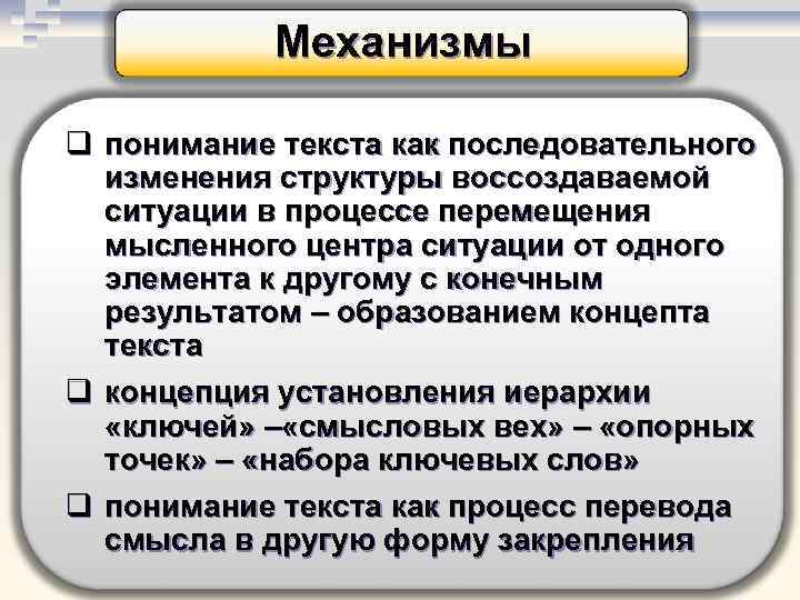 Механизмы q понимание текста как последовательного изменения структуры воссоздаваемой ситуации в процессе перемещения мысленного