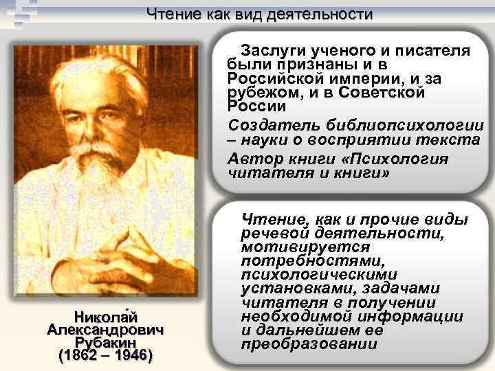Чтение как вид деятельности Заслуги ученого и писателя были признаны и в Российской империи,