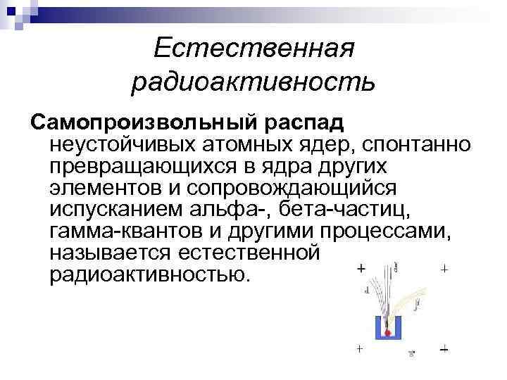 Естественная радиоактивность Самопроизвольный распад неустойчивых атомных ядер, спонтанно превращающихся в ядра других элементов и