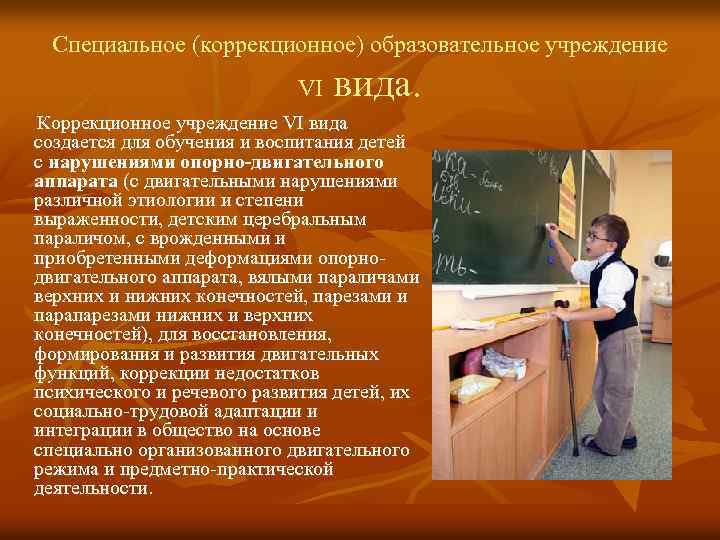 Специальное (коррекционное) образовательное учреждение вида. VI Коррекционное учреждение VI вида создается для обучения и