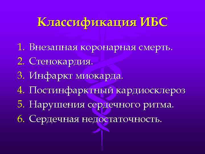 Классификация ИБС 1. 2. 3. 4. 5. 6. Внезапная коронарная смерть. Стенокардия. Инфаркт миокарда.
