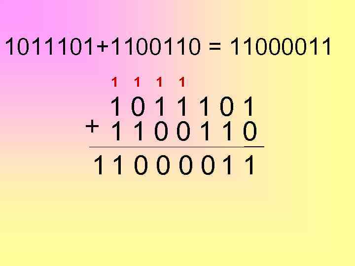 1011101+1100110 = 11000011 1 1 1011101 + 1100110 11 0 01 1 