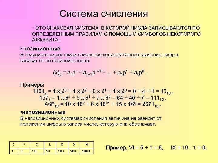 Система счисления - ЭТО ЗНАКОВАЯ СИСТЕМА, В КОТОРОЙ ЧИСЛА ЗАПИСЫВАЮТСЯ ПО ОПРЕДЕЛЕННЫМ ПРАВИЛАМ С