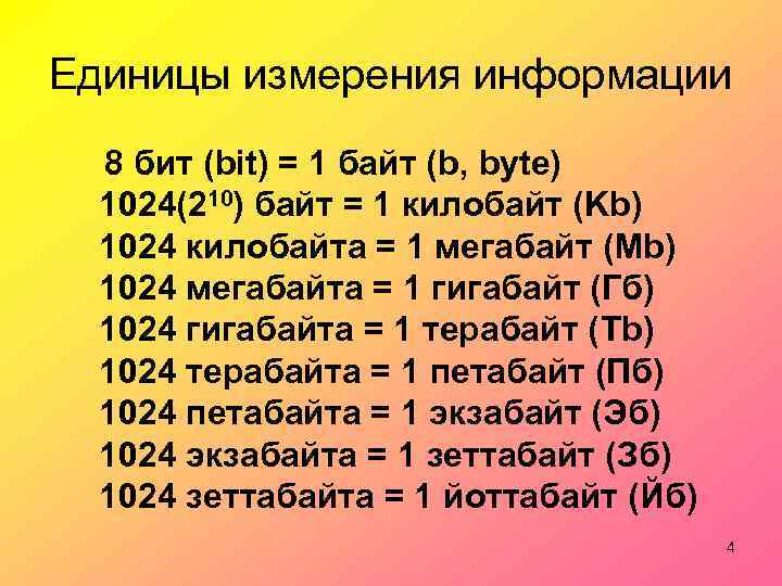 Единицы измерения информации 8 бит (bit) = 1 байт (b, byte) 1024(210) байт =
