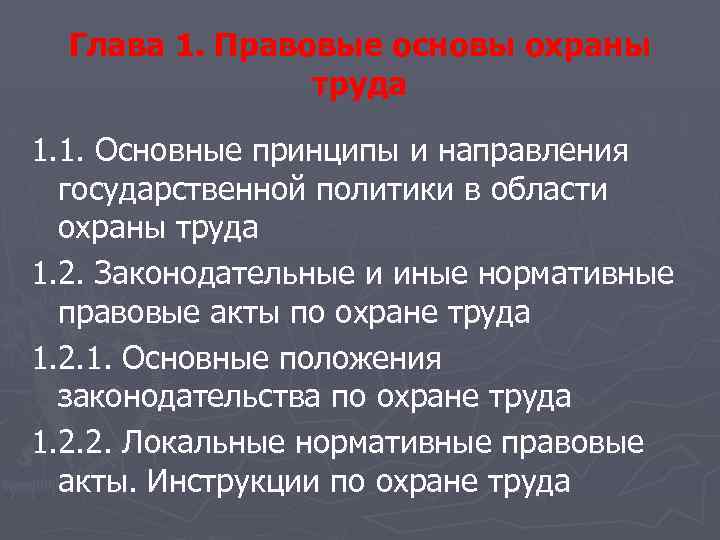Глава 1. Правовые основы охраны труда 1. 1. Основные принципы и направления государственной политики