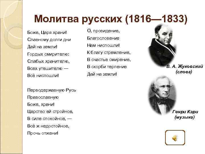 Молитва русских (1816— 1833) Боже, Царя храни! О, провидение, Славному долги дни Благословение Дай