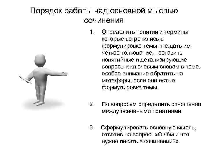 Порядок работы над основной мыслью сочинения 1. Определить понятия и термины, которые встретились в