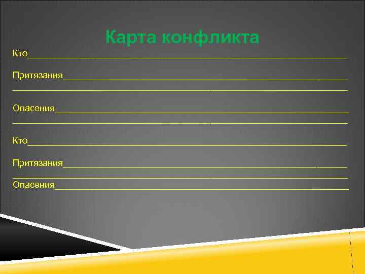 Карта конфликта Кто________________________________ Притязания_________________________________ Опасения_________________________________ Кто________________________________ Притязания_________________________________ Опасения_____________________________ 