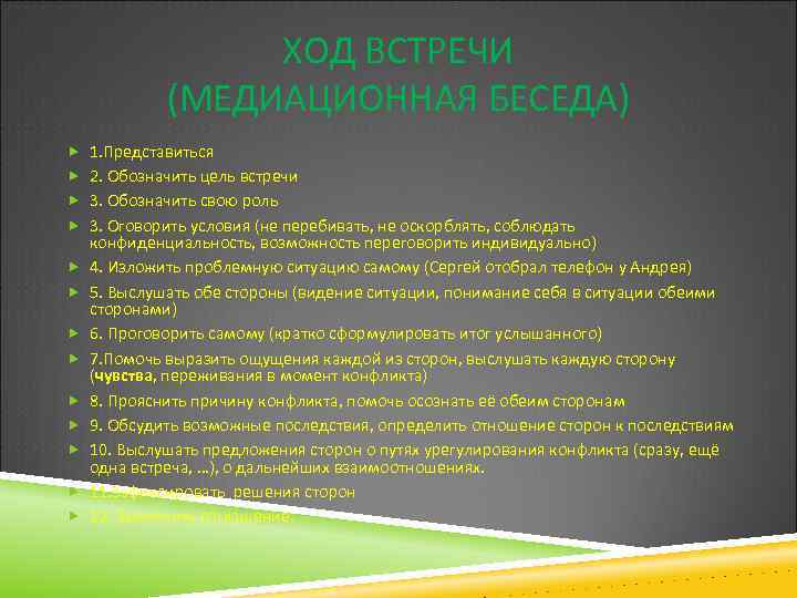 ХОД ВСТРЕЧИ (МЕДИАЦИОННАЯ БЕСЕДА) 1. Представиться 2. Обозначить цель встречи 3. Обозначить свою роль