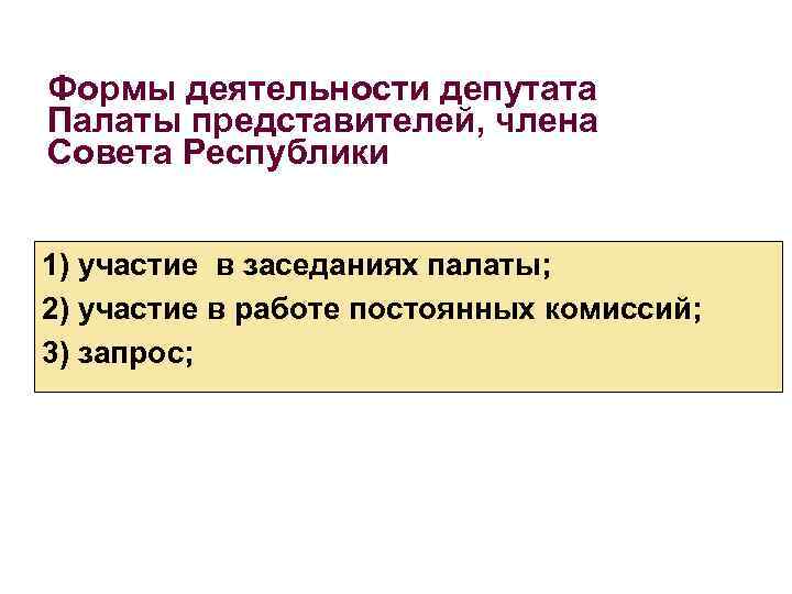 Формы деятельности депутата Палаты представителей, члена Совета Республики 1) участие в заседаниях палаты; 2)
