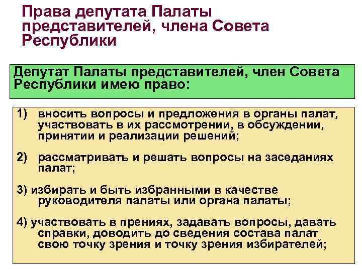 Права депутата Палаты представителей, члена Совета Республики Депутат Палаты представителей, член Совета Республики имею