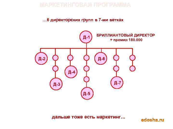 МАРКЕТИНГОВАЯ ПРОГРАММА … 6 директорских групп в 7 -ми ветках Д-1 Д-2 Д-1 БРИЛЛИАНТОВЫЙ