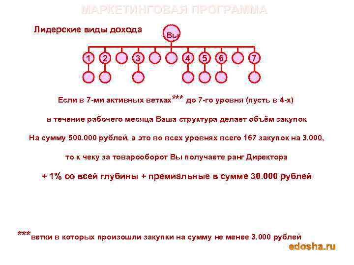 МАРКЕТИНГОВАЯ ПРОГРАММА Лидерские виды дохода 1 2 3 Вы 4 5 6 7 Если