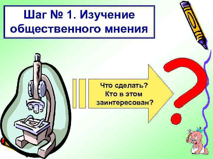 Шаг № 1. Изучение общественного мнения Что сделать? Кто в этом заинтересован? 