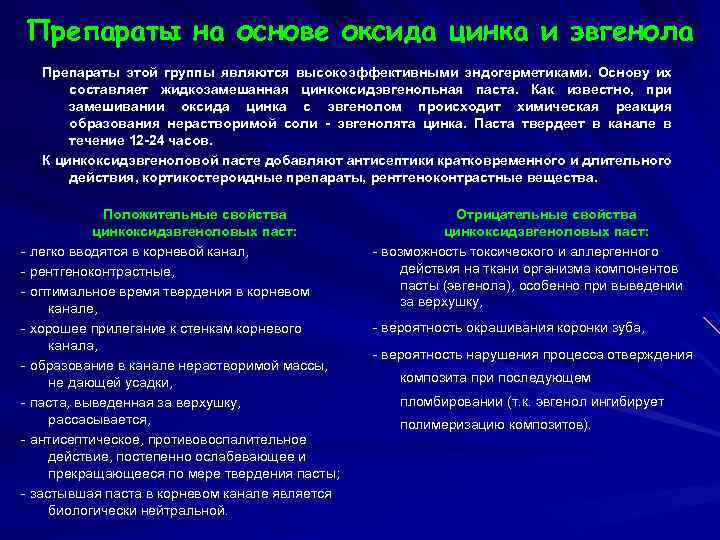 Препараты на основе оксида цинка и эвгенола Препараты этой группы являются высокоэффективными эндогерметиками. Основу